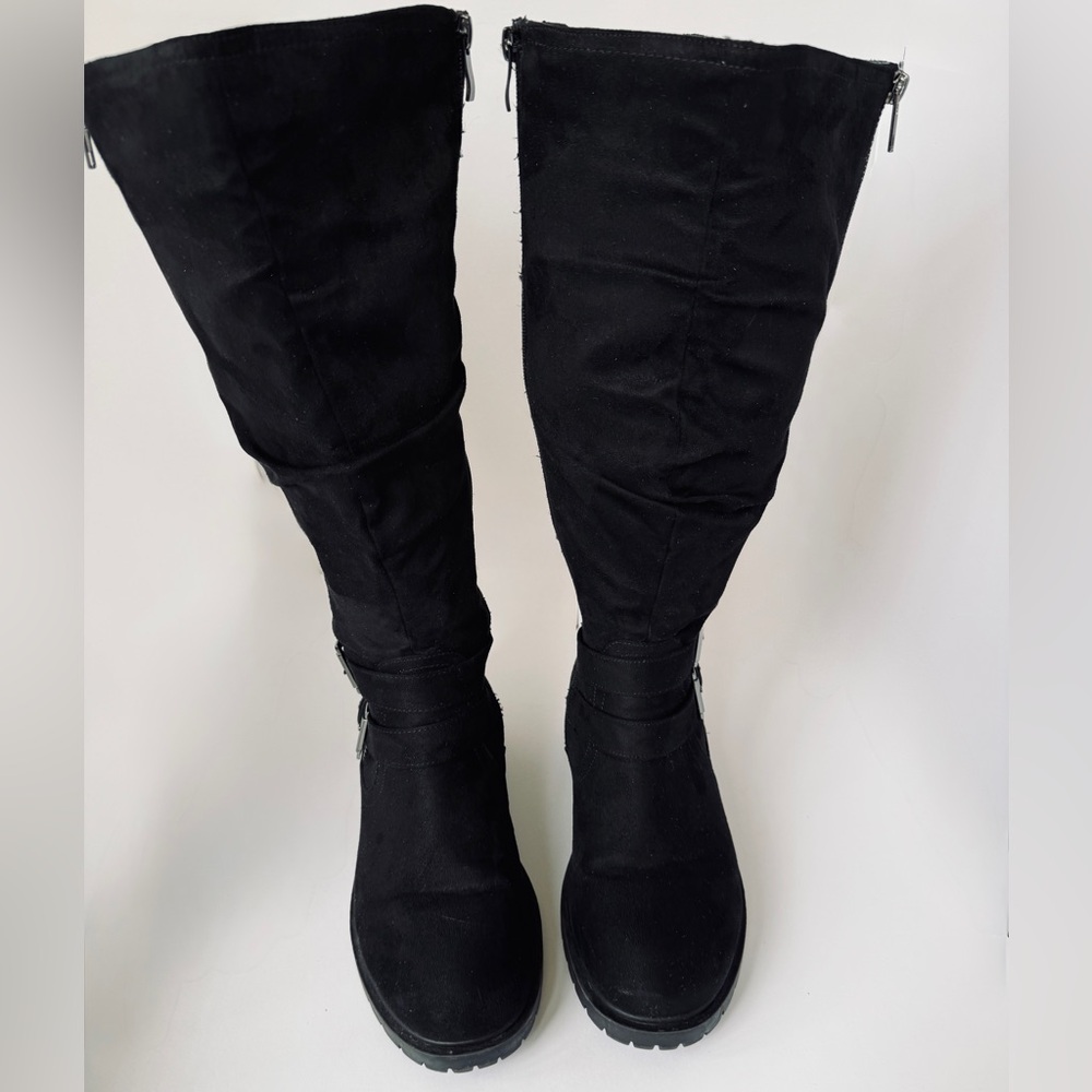 Luoika Women's Black Faux Suede Large Calf Moto Style Boots with Side Buckles